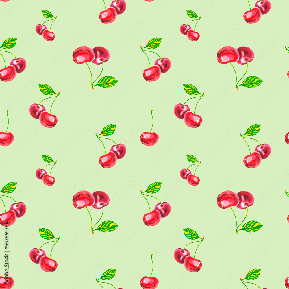 A pattern of cherries on a green background. Watercolor illustration. Cherry. A pattern of cherries on a green background. Watercolor illustration. Cherry.