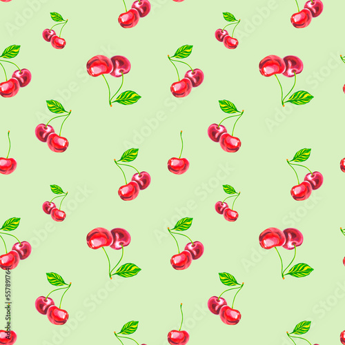 A pattern of cherries on a green background. Watercolor illustration. Cherry.