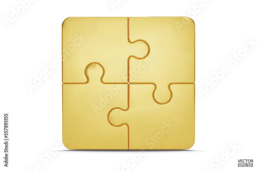 Puzzle pieces icon isolated on white background. Gold jigsaw puzzle cube, strategy jigsaw business, and education. Puzzle, jigsaw, incomplete data concept. 3d vector illustration.