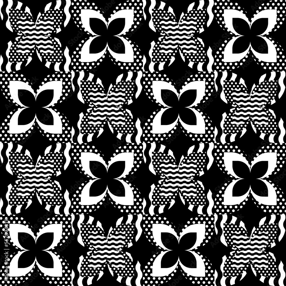 Black and white seamless pattern with repeating elements.