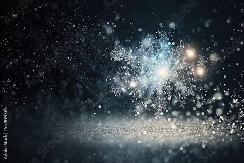 Magic blue holiday abstract glitter background with blinking stars and falling snowflakes. AI