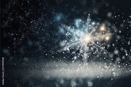 Magic blue holiday abstract glitter background with blinking stars and falling snowflakes. AI