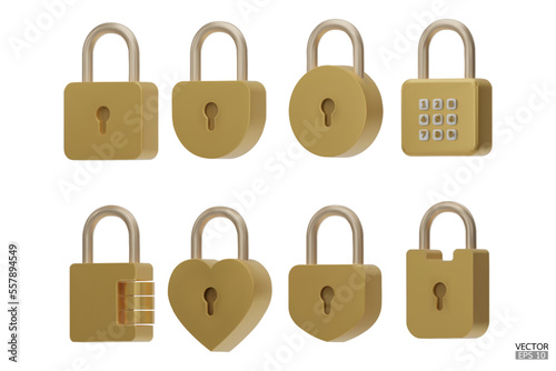 set of 3D Gold Padlock icons isolated on white background. Minimal lock icon. 3d vector illustration.