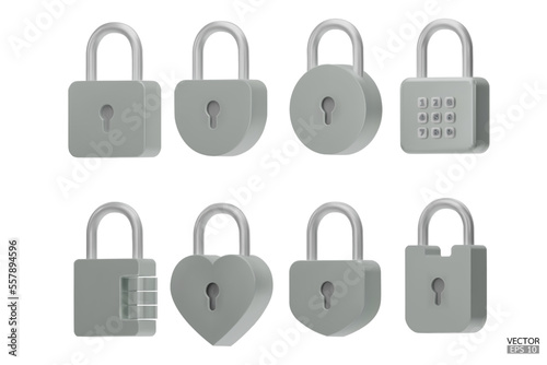 set of 3D iron Padlock icons isolated on white background. Minimal lock icon. 3d vector illustration.