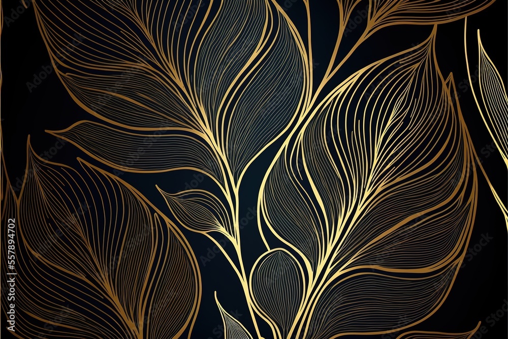 Illustration of golden leaves. Botanical modern, art deco wallpaper background image. Japanese style. AI - obrazy, fototapety, plakaty 