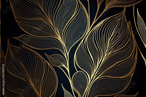 Illustration of golden leaves. Botanical modern, art deco wallpaper background image. Japanese style. AI