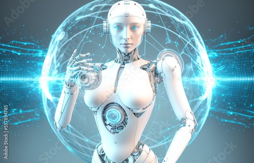 Robot woman using digital sphere hologram. AI