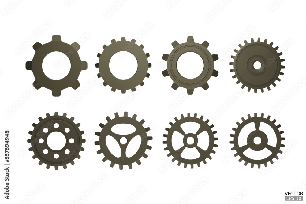 3D dark metal Gear icon set. Transmission cogwheels and gears are isolated on white background. Metal Machine gear, setting symbol, Repair, and optimize workflow concept. 3d vector illustration. 3D dark metal Gear icon set. Transmission cogwheels and gears are isolated on white background. Metal Machine gear, setting symbol, Repair, and optimize workflow concept. 3d vector illustration.