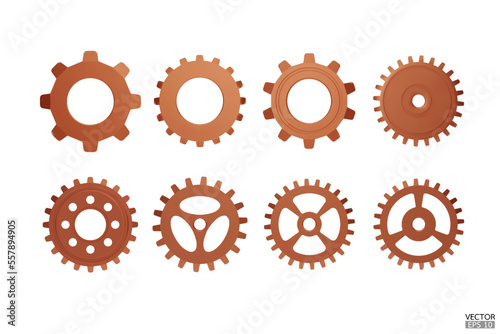 3D copper Gear icon set. Transmission cogwheels and gears are isolated on white background. Bronze Machine gear, setting symbol, Repair, and optimize workflow concept. 3d vector illustration.