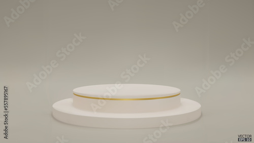 Shiny Beige color round pedestal  on studio  backdrops. Ivory  Blank display or clean room for showing product. Minimalist mockup for podium display or showcase. 3D vector illustration.