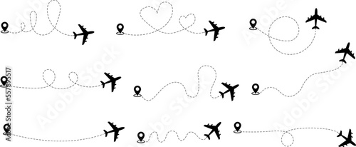 Airplane line path collection.Airplane track to point.Airplane path in dotted line shape. Plane way icon set. Travel and adventure concept. Adventure tourism. Travel line vector icons.Location.
