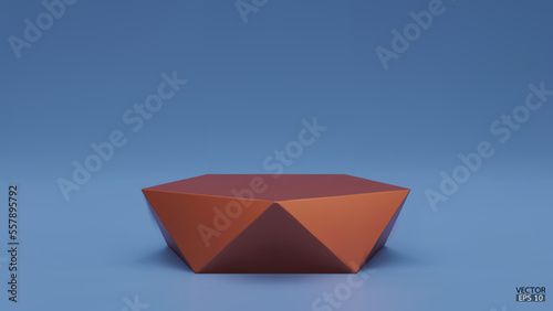 3D vector geometric podium. Copper hexagon cube, Square podium in blue background. Concept scene stage showcase, product, promotion sale, banner, presentation, cosmetic. 3D vector illustration.