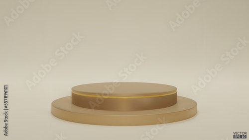 Shiny Beige color round pedestal  on studio  backdrops. Ivory  Blank display or clean room for showing product. Minimalist mockup for podium display or showcase. 3D vector illustration.
