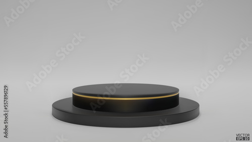 Shiny black round pedestal on studio backdrops. Dark Blank display or clean room for showing product. Minimalist mockup for podium display or showcase. 3D vector illustration.