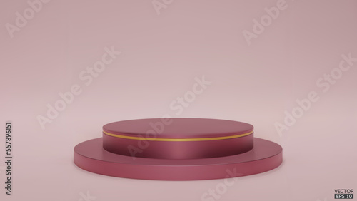 Shiny metallic pink round pedestal on studio backdrops. Rose gold Blank display or clean room for showing product. Minimalist mockup for podium display or showcase. 3D vector illustration.
