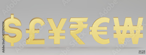 Set of gold currency symbol isolated on white background. Dollar, British Pounds, Japanese yen, Indian Rupee, Euro and Korean Won sign. 3D golden money currency signs. 3D vector Illustration. photo