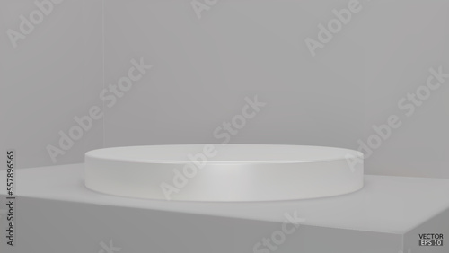 Shiny white round pedestal on white studio backdrops. Blank display or clean room for showing product. Minimalist mockup for podium display or showcase. 3D vector illustration.