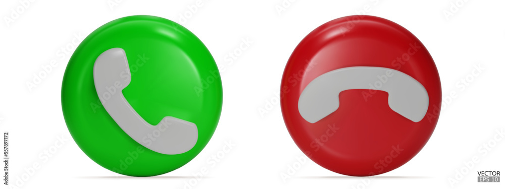 3D Realistic Phone Call button isolated on white background. Answer and decline phone call buttons. Phone icon for website design, mobile app, UI. 3D Vector Illustration. 3D Realistic Phone Call button isolated on white background. Answer and decline phone call buttons. Phone icon for website design, mobile app, UI. 3D Vector Illustration.