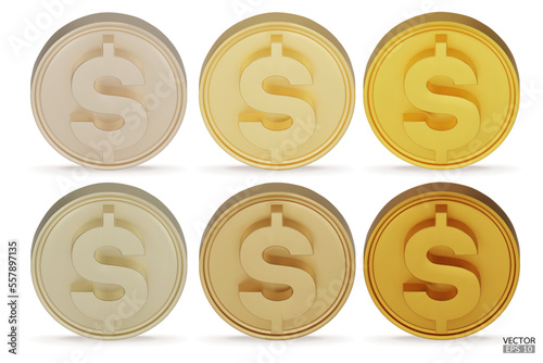 Set of gold Dollar coins isolated on a white background. 3d realistic coins. Golden coin icons. Dollar coin sign. 3D vector illustration.
