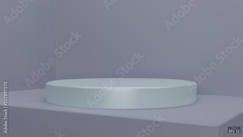 Shiny soft blue round pedestal on blue studio backdrops. Blank display or clean room for showing product. Minimalist mockup for podium display or showcase. 3D vector illustration.
