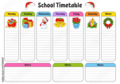 School schedule. Timetable for schoolboys. Empty template. Weekly planer with notes. cartoon character. Vector illustration.
