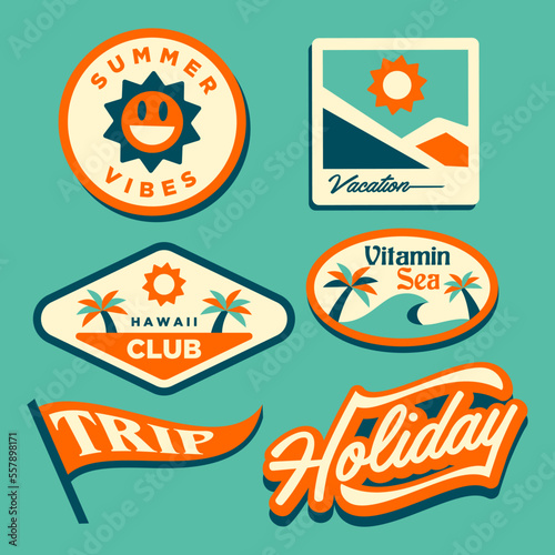 summer travel 70s sticker collection. Summer Labels. Beach party, summer vibes. 1970s Retro logo designs. Groovy prints for T-shirt, typography. Vector summer emblems templates.