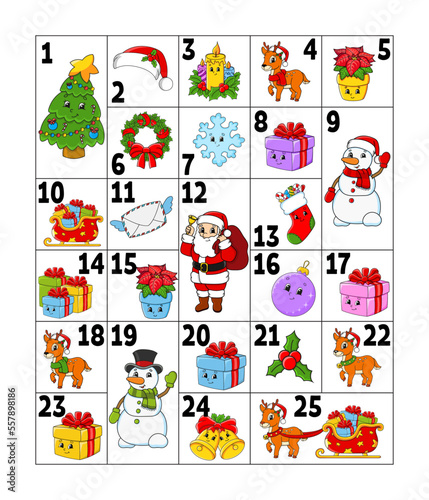 Christmas advent calendar with cute characters. Santa claus, deer, snowman, fir tree, snowflake, gift, bauble, sock. Cartoon style. With numbers 1 to 25. Vector illustration. Holiday preparation.