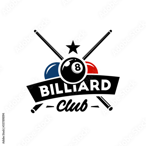 Billiard club logo icon design, sports badge template. Vector illustration. crossed billiard cues with 3 balls and star isolated on white background. Vector emblem
