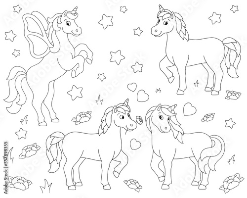 Loving cute unicorns. Coloring book page for kids. Valentine s Day. Cartoon style character. Vector illustration isolated on white background.