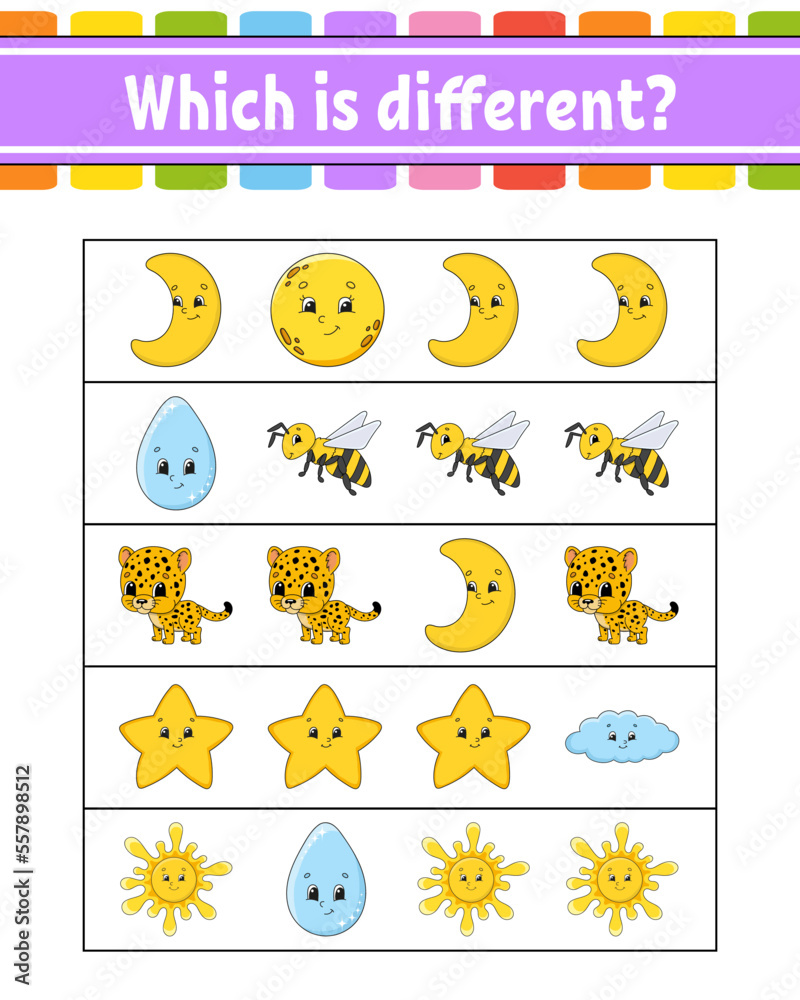 Which is different. Educational activity worksheet for kids and toddlers. Game for children. Vector illustration. Which is different. Educational activity worksheet for kids and toddlers. Game for children. Vector illustration.