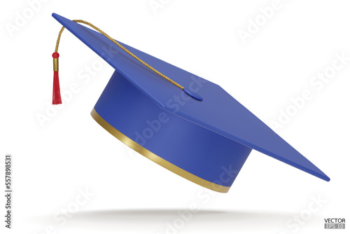 3D realistic Graduation university or college blue cap isolated on white background. Graduate college, high school, Academic, or university cap. Hat for degree ceremony. 3D vector illustration.