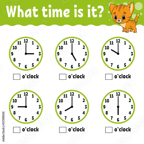 Learning time on the clock. Educational activity worksheet for kids and toddlers. Game for children. Simple flat isolated color vector illustration in cute cartoon style. Vector illustration.