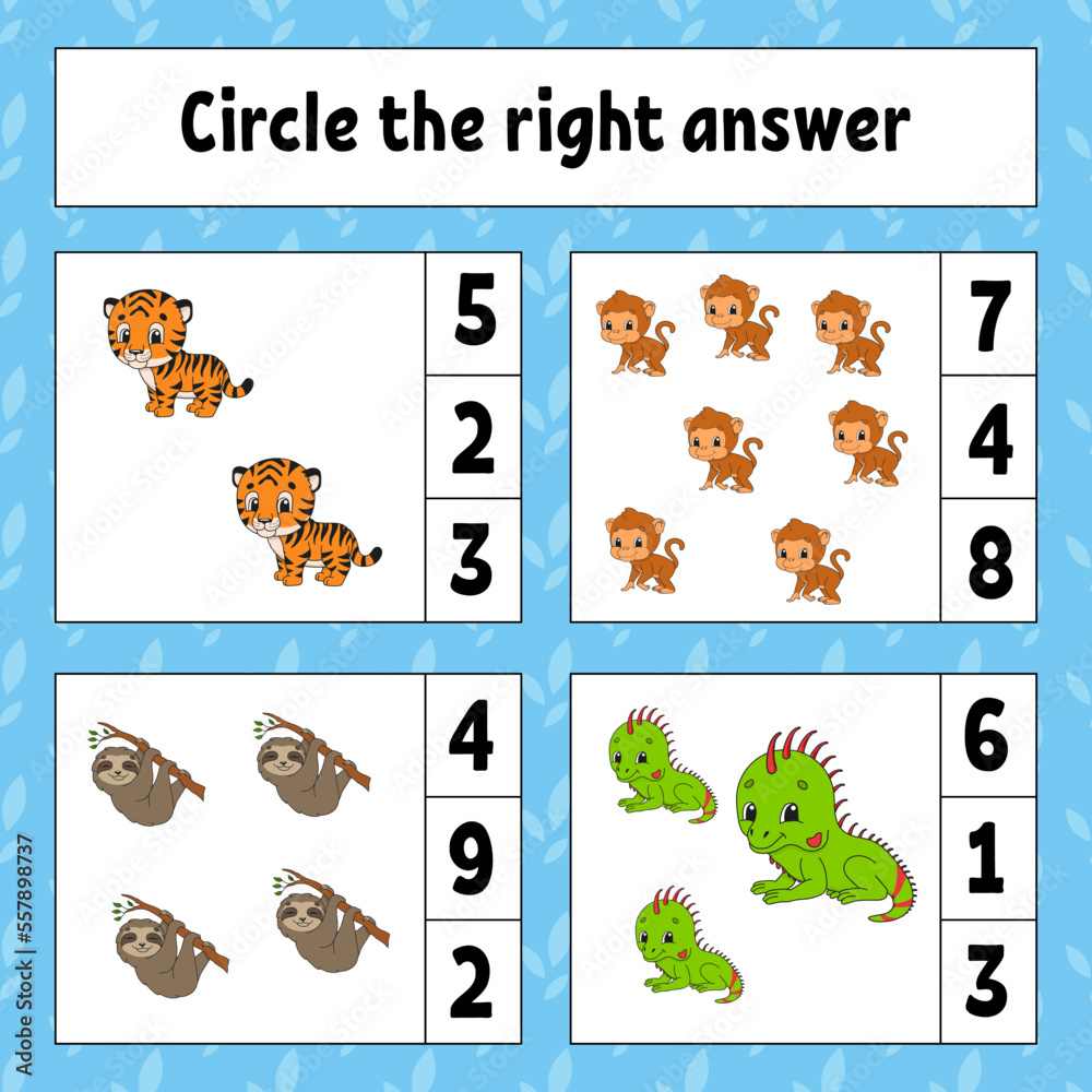 Fototapeta premium Circle the right answer. Education developing worksheet. Activity page with pictures. Game for children. Funny character. Cartoon style. Vector illustration.