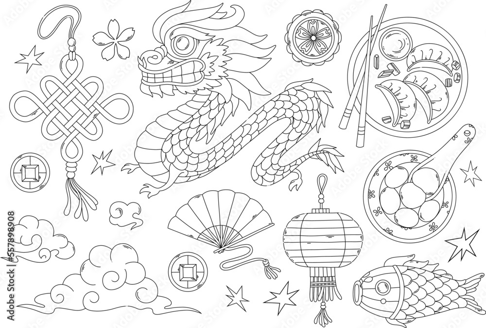 Chinese New year elements, dragon, Chinese food and lantern black outline for coloring page