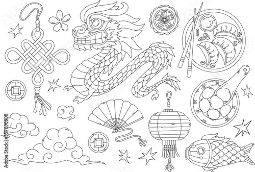 Chinese New year elements, dragon, Chinese food and lantern black outline for coloring page