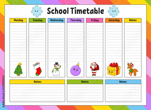 School schedule. Timetable for schoolboys. Empty template. Weekly planer with notes. cartoon character. Vector illustration.