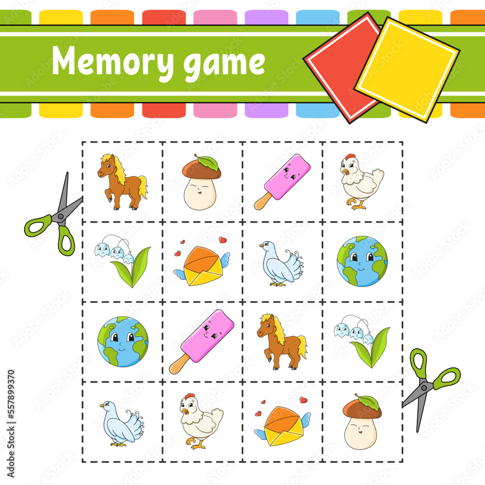 Memory game for kids. Education developing worksheet. Activity page with pictures. Puzzle game for children. Logical thinking training. Funny character. cartoon style. Vector illustration.