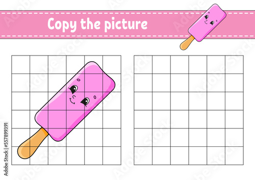 Copy the picture. Coloring book pages for kids. Education developing worksheet. Game for children. Handwriting practice. cartoon character. Vector illustration.