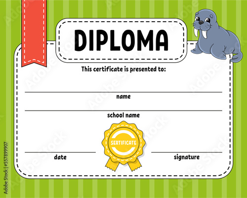 Diploma sertificate template. For school and preschool. For kids and children. Vector illustration.