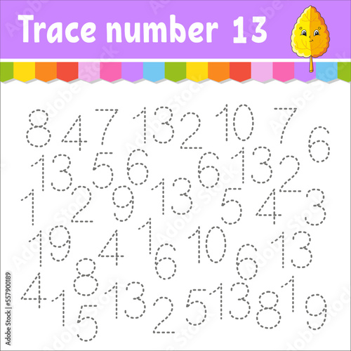 Trace number . Handwriting practice. Learning numbers for kids. Education developing worksheet. Activity page. Vector illustration.
