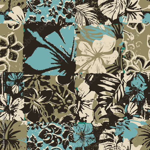 Tropical Hibiscus flowers patchwork  wallpaper grunge abstract  vector seamless pattern 