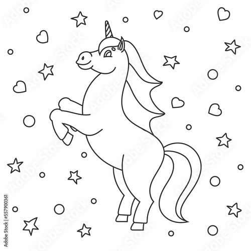Coloring book for kids. The magical unicorn reared up. The animal horse stands on its hind legs. Cartoon style. Simple flat vector illustration.
