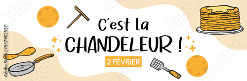 Foto C'est la Chandeleur - Bannière présentant des crêpes, ingrédients et ustensiles
