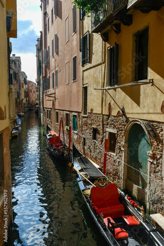 View of a Venetian canal with moored gondolas, Venice, Italy © Simona Sirio