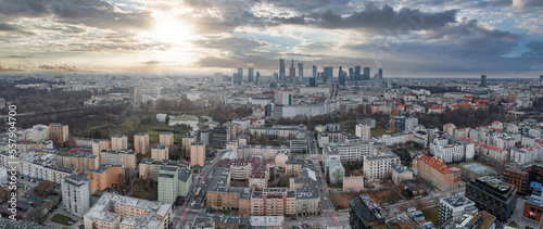 Panoramic aerial view of the modern skyscrapers and business center in Warsaw. View of the city center from above in Warsaw, Poland.