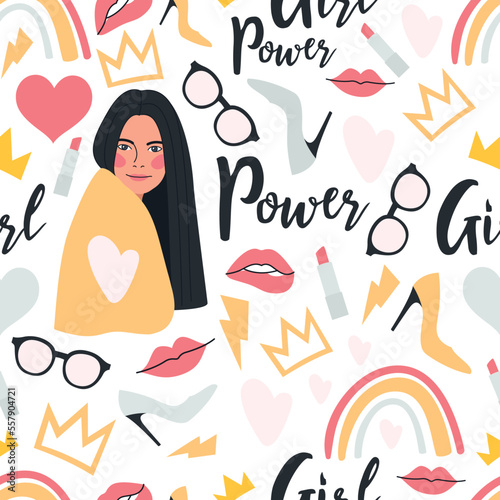 Seamless vector pattern with a set of elements - a young woman, glasses, hearts, high heels, lips, lipstick, crowns, rainbows, and inscriptions. Endless background of 