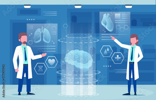 Medical holographic scene . Doctor is diagnose by health technology with patient body scan . Augmented Reality concept . Vector .