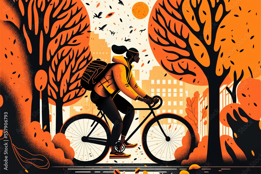 Black woman with backpack riding bicycle at city at fall. Generative AI image