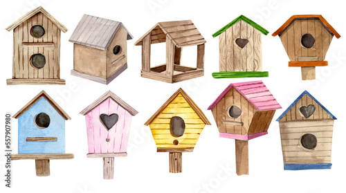 Fotografia wooden bird house watercolor
