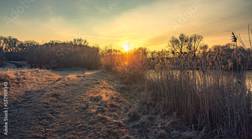 Winter sunrise on river